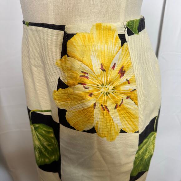 J. McLaughlin Size 6 Pencil Skirt Yellow Floral Green Leaf Black White Check - Picture 3 of 5
